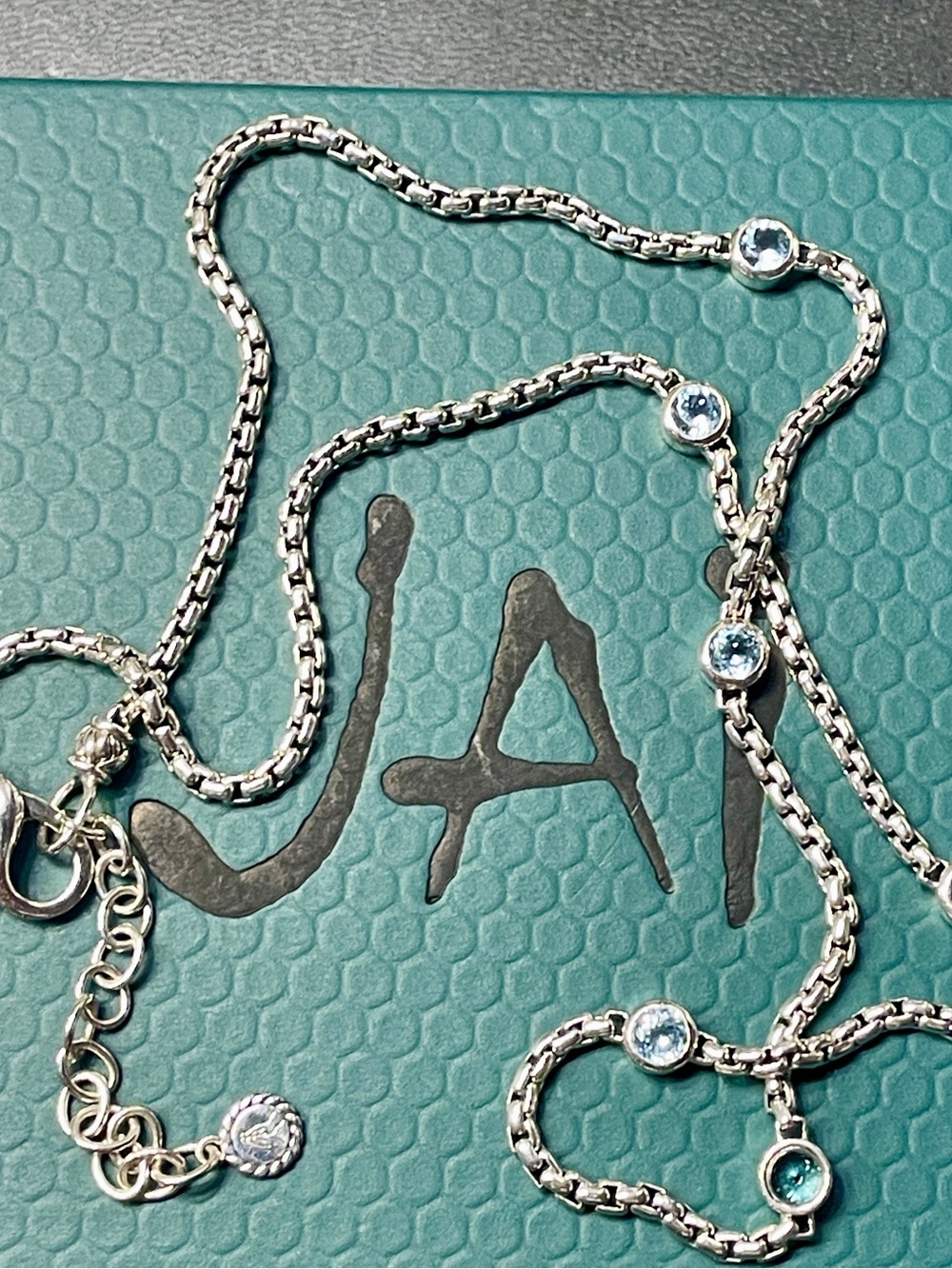 John Hardy JAI Sterling Box Chain Bezel
Sky Blue Topaz Station Necklace. NWT